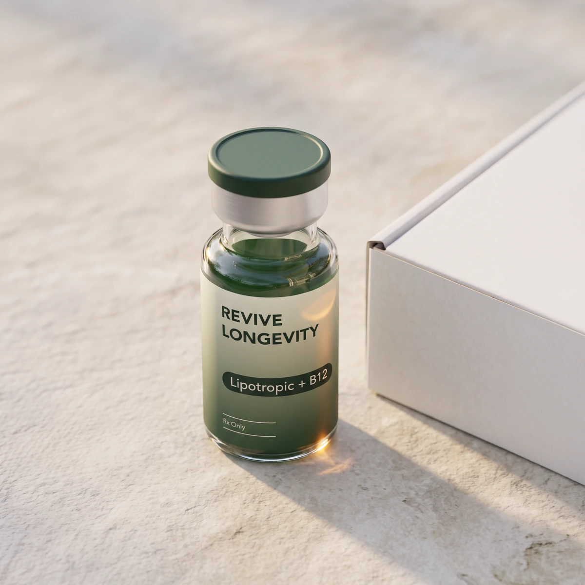 Product shot of a REVIVE Longevity vial in warm light