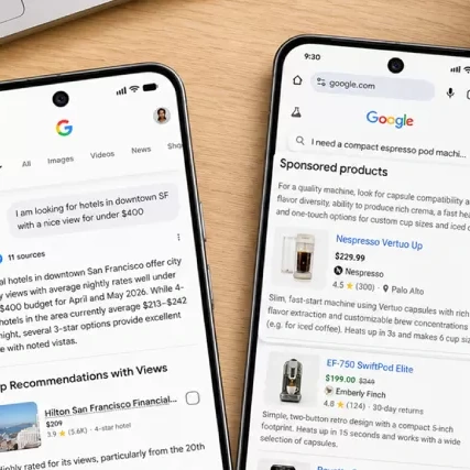 Two phones showing AI search answers with recommended and sponsored products
