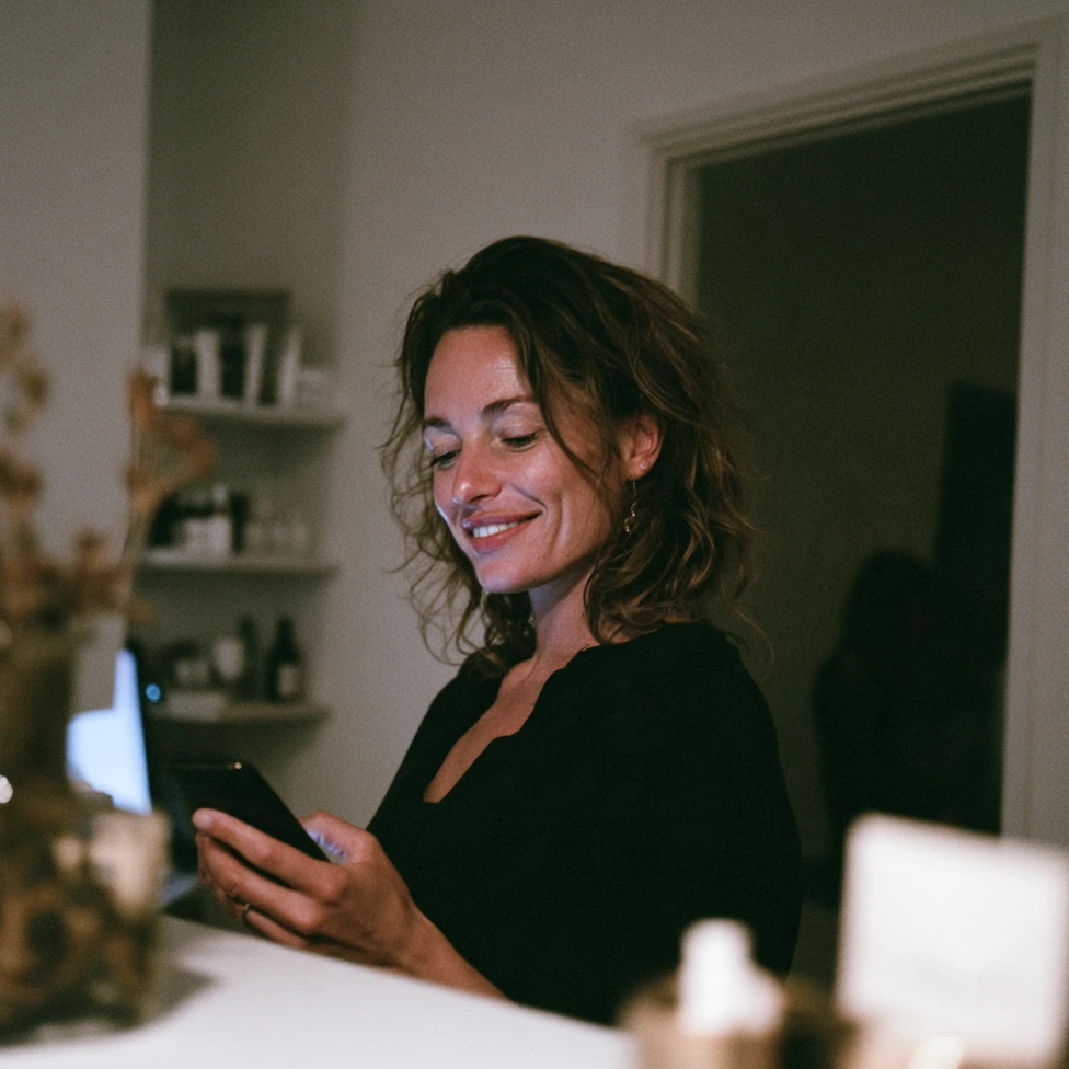 A clinic owner smiling at her phone behind the counter